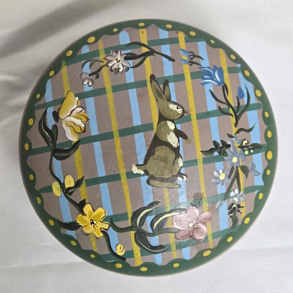 The Home Collection Hand-Painted‎ Trinket Box Bunny Rabbit Flowers 1997 Vintage